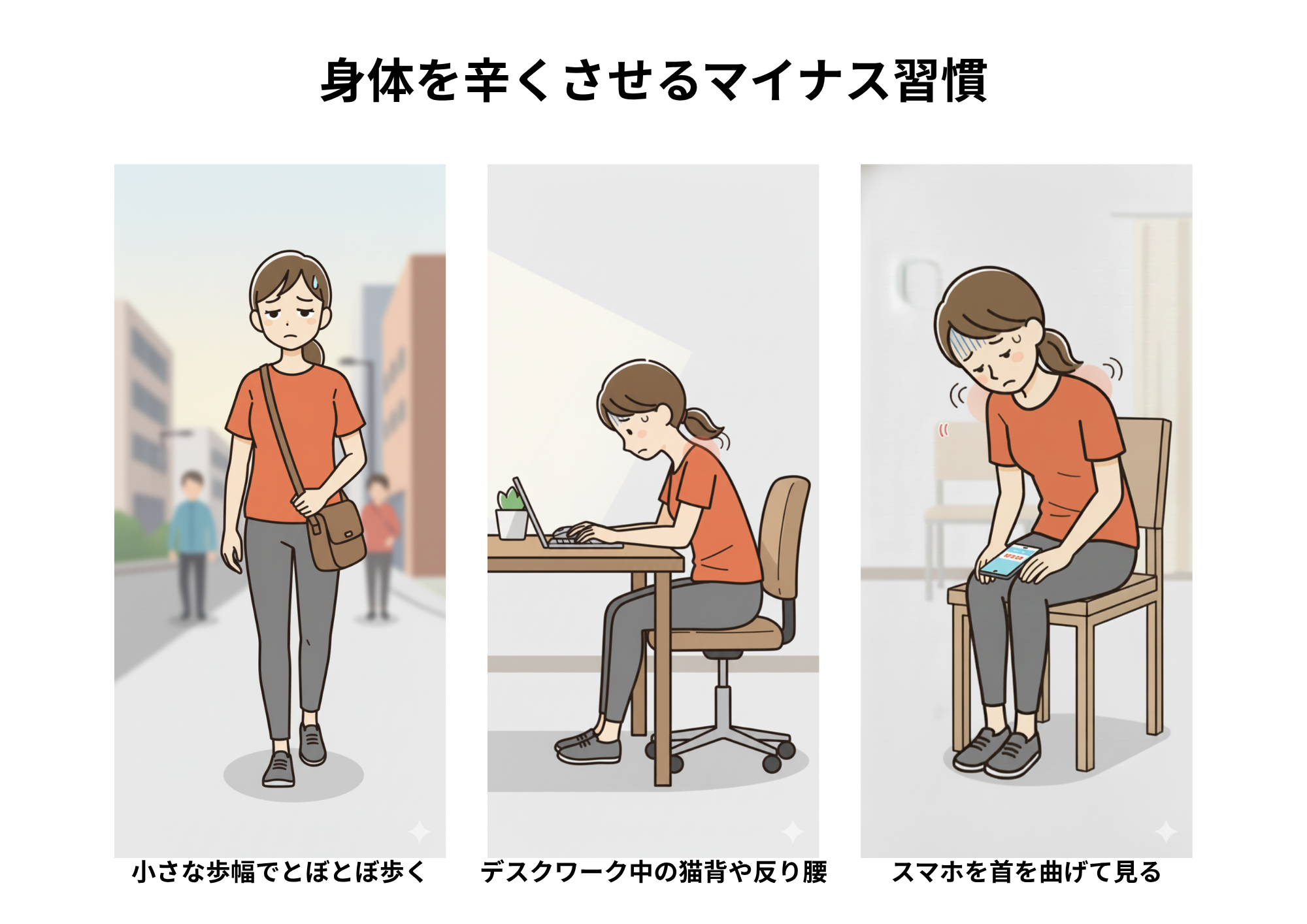身体を辛くさせるマイナス習慣の例：小さな歩幅でとぼとぼ歩く、デスクワーク中の猫背や反り腰、スマホを首を曲げて見る