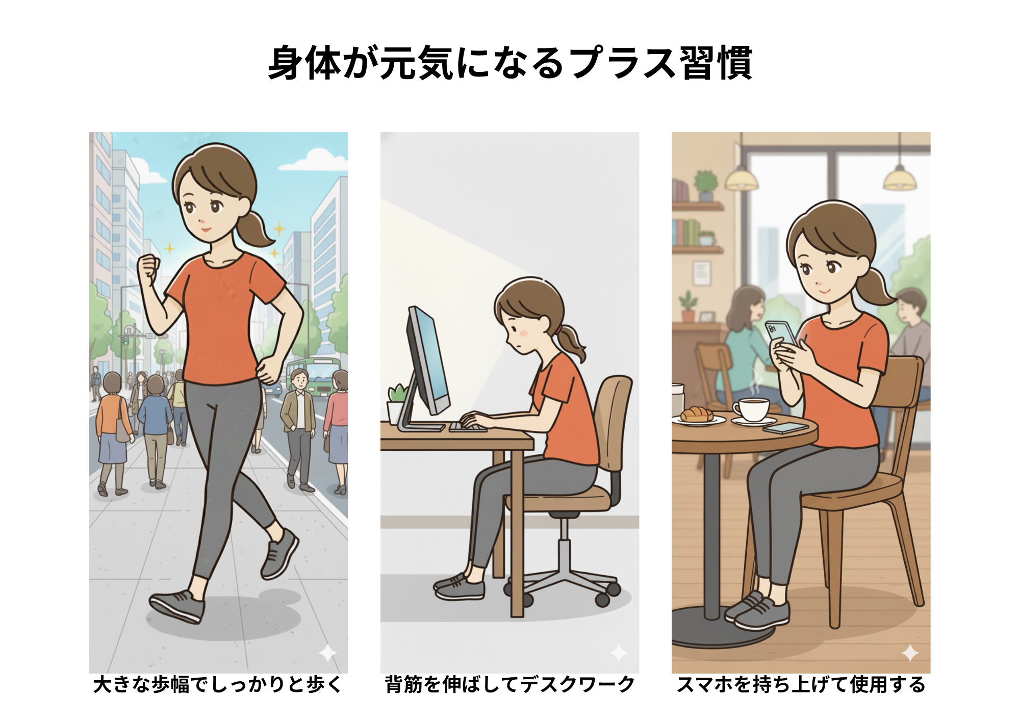 身体が元気になるプラス習慣の例：大きな歩幅でしっかりと歩く、背筋を伸ばしてデスクワーク、スマホを持ち上げて使用する